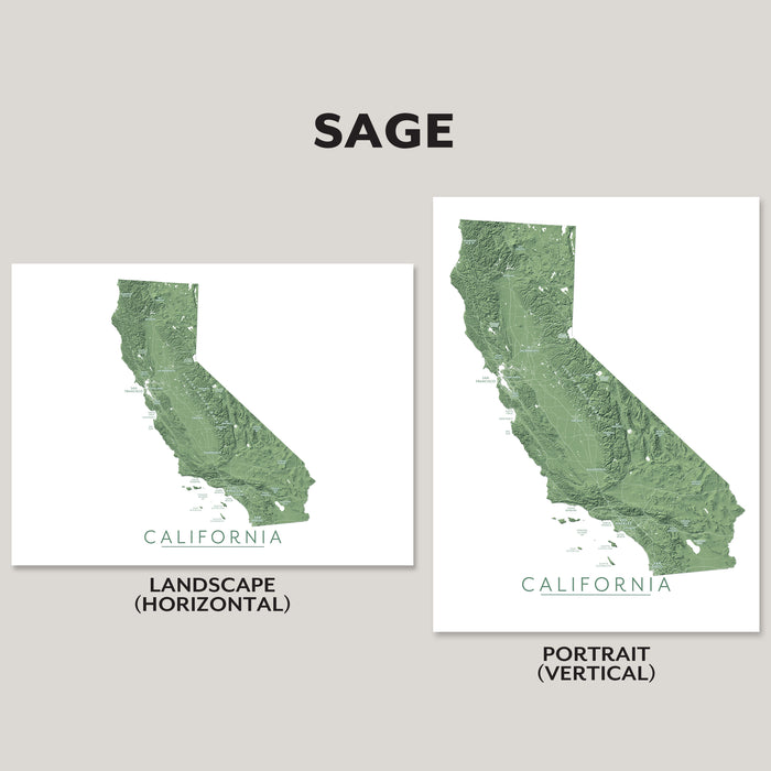 Two California map art prints shown on a light gray background, labeled Landscape (Horizontal) and Portrait (Vertical), with the word SAGE at the top.