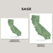 Two California map art prints shown on a light gray background, labeled Landscape (Horizontal) and Portrait (Vertical), with the word SAGE at the top.