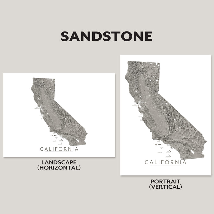 Two grayscale California map art prints shown side by side on a light gray background, labeled SANDSTONE, with text indicating Landscape (Horizontal) and Portrait (Vertical) orientations.
