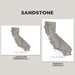 Two grayscale California map art prints shown side by side on a light gray background, labeled SANDSTONE, with text indicating Landscape (Horizontal) and Portrait (Vertical) orientations.