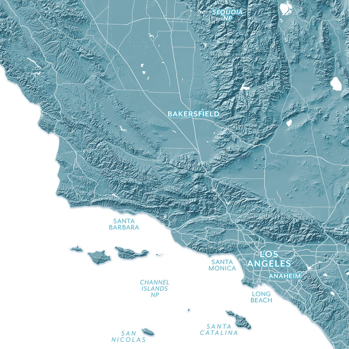 A topographic map print of Southern California and the Channel Islands, featuring labeled cities including Bakersfield, Los Angeles, Anaheim, Long Beach, Santa Monica, Santa Barbara, and San Nicolas. The map uses a textured blue-green relief style on a white ocean background.