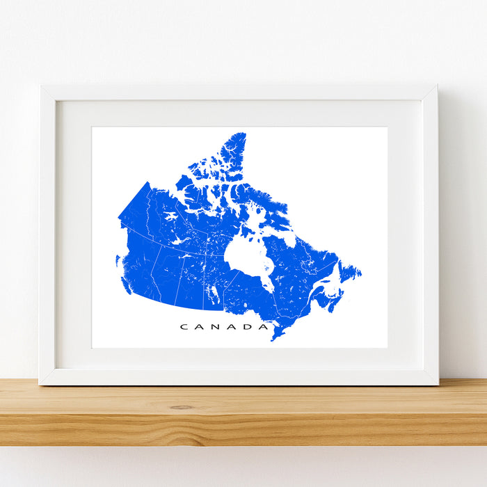 Framed map of Canada in blue on a white background