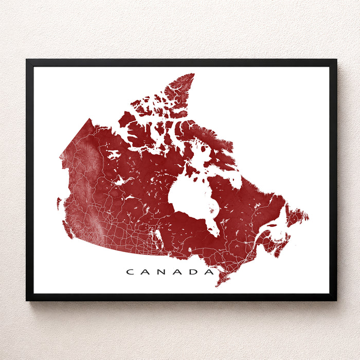 Framed map of Canada in red on a white background