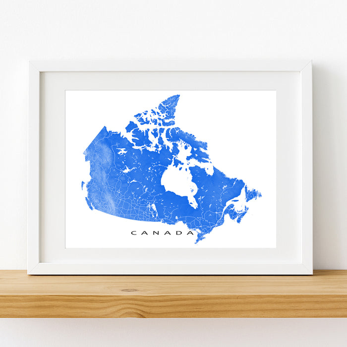 Framed map of Canada in blue on a white background