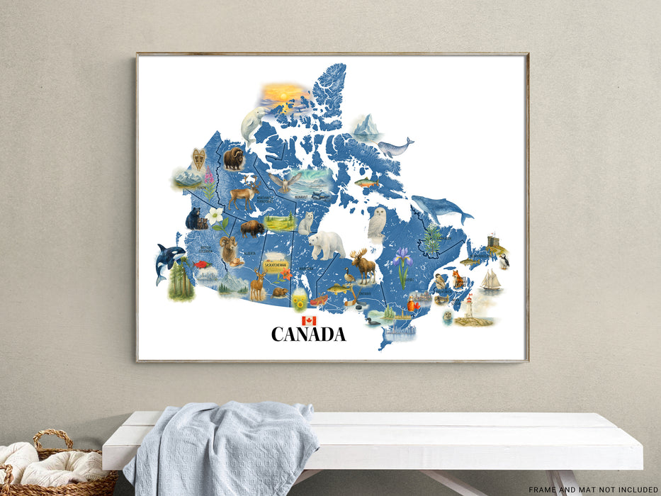 Framed map of Canada with various animals on a beige wall.
