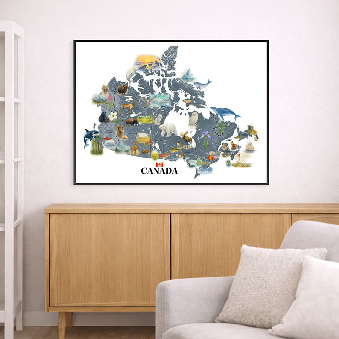 Framed map of Canada with animals on a wall above a wooden cabinet and sofa.