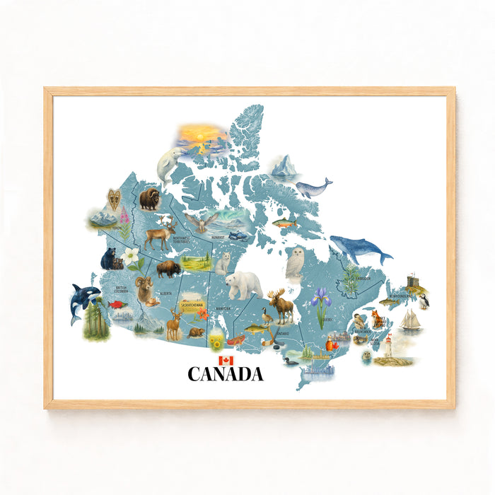 Canada Illustrated Map Print: Provinces Wildlife Nature Wall Art Poster