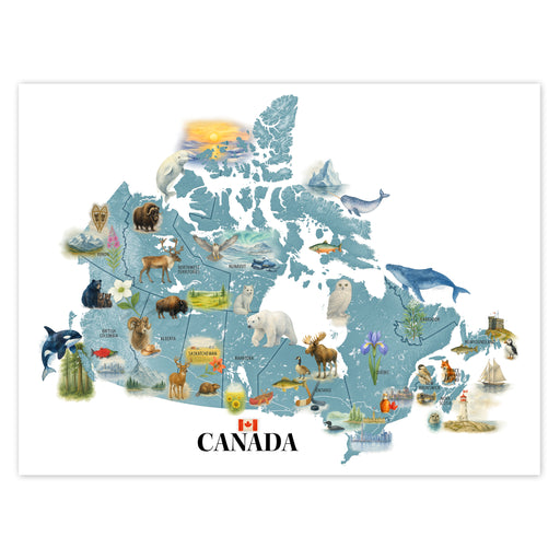 Map of Canada with various animals and landmarks on a white background