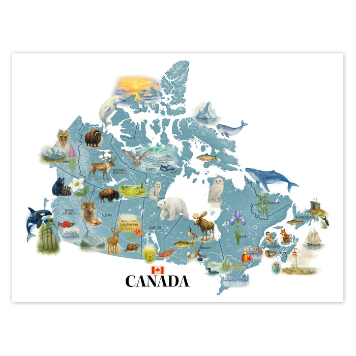 Map of Canada with various animals and landmarks on a white background