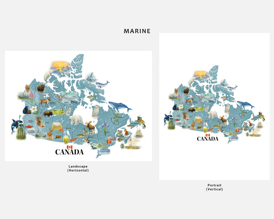 Map of Canada with marine life illustrations on a white background