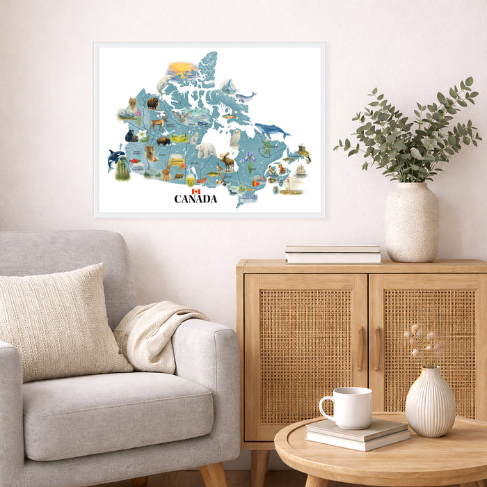 Living room with a framed map of Canada, a couch, and decorative items.