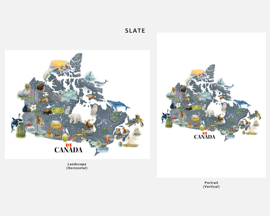 Map of Canada with animals and landmarks, shown in landscape and portrait orientations.