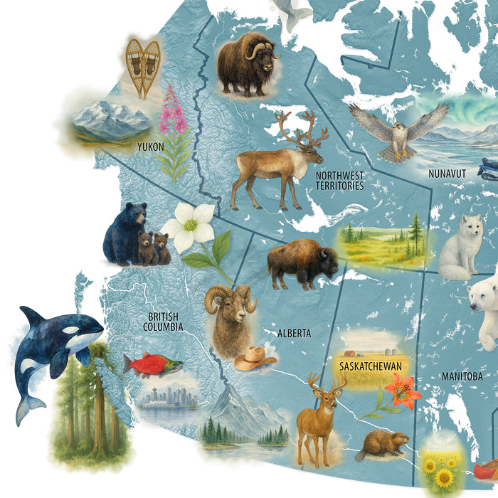 Map of Canada with various animals and regions labeled