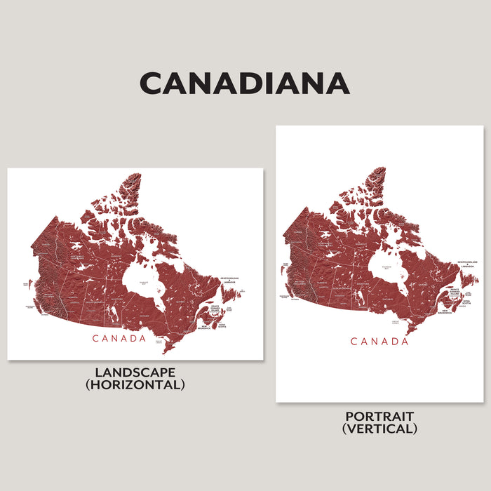 Two map prints of Canada, one landscape and one portrait, on a gray background with 'Canadiana' branding.