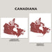 Two map prints of Canada, one landscape and one portrait, on a gray background with 'Canadiana' branding.