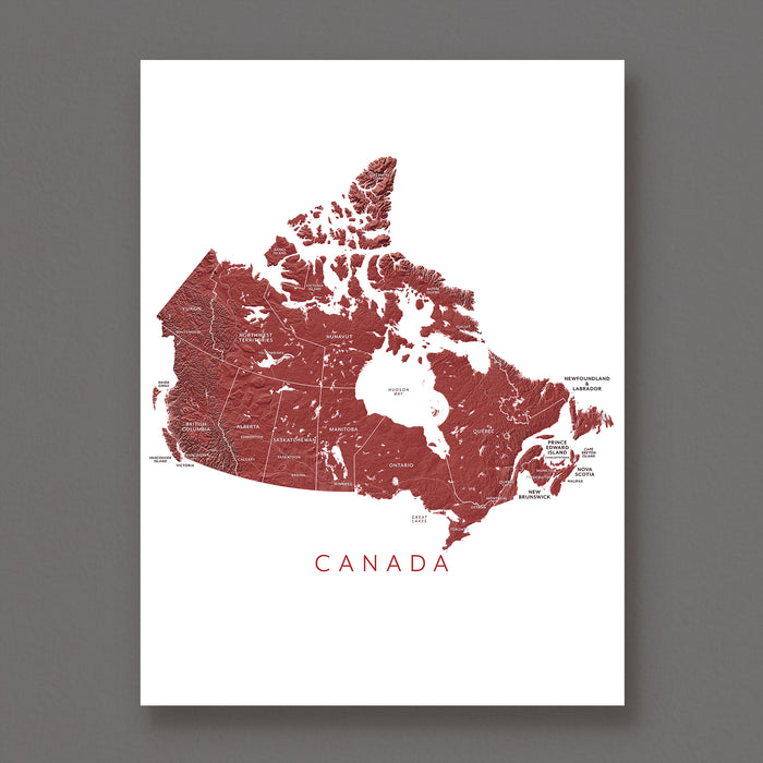 Map of Canada on a white background with red coloring