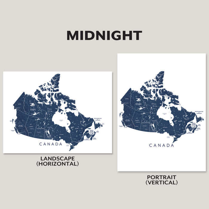 Two map prints of Canada, one landscape and one portrait, on a gray background.