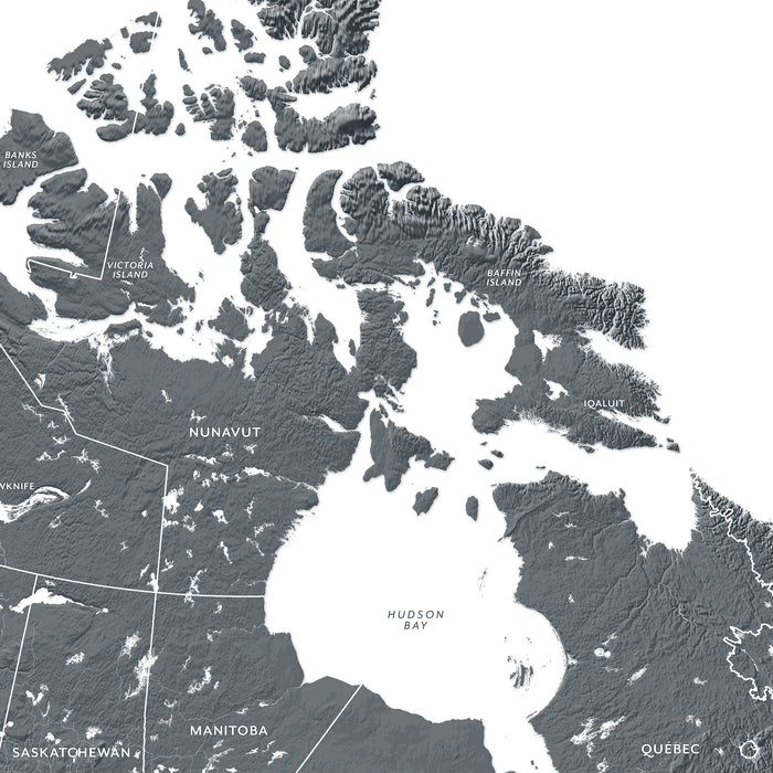 Topographic map of Nunavut, Canada with various regions labeled.