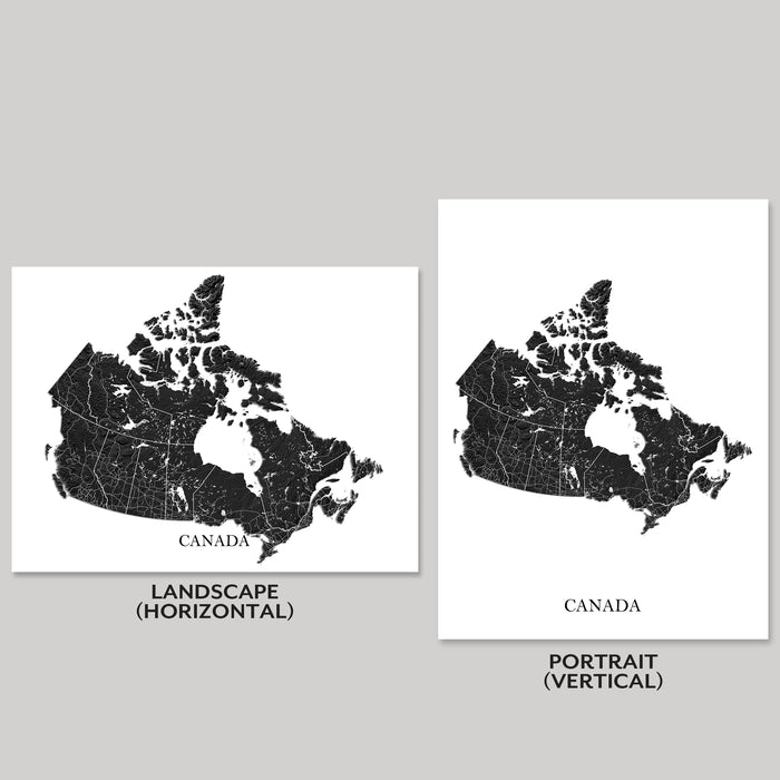 Two black and white maps of Canada, one landscape and one portrait, on a gray background.