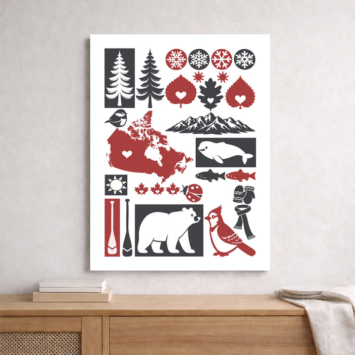 Decorative wall art with Canadian symbols on a white background