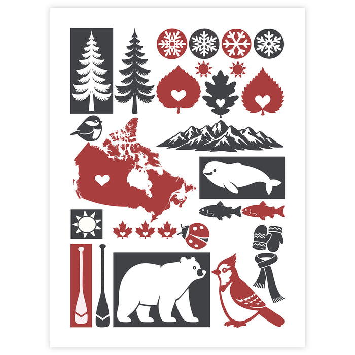 Collection of Canadian-themed illustrations including trees, map, animals, and symbols on a white background.