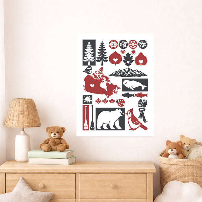 Children's room with a wall decal featuring nature-themed illustrations, a teddy bear, and a lamp.