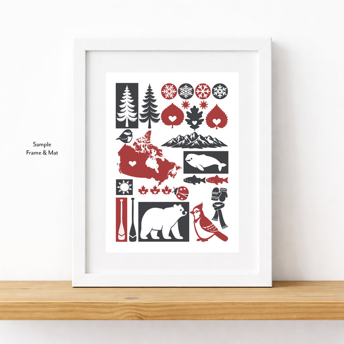 Framed artwork with Canadian symbols on a white background