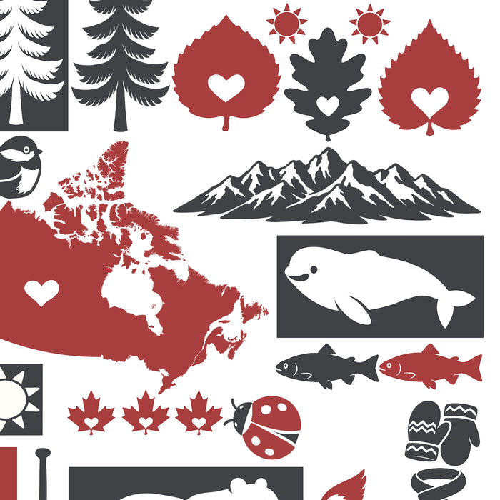 Pattern with Canadian symbols including map, trees, mountains, and animals on a white background.