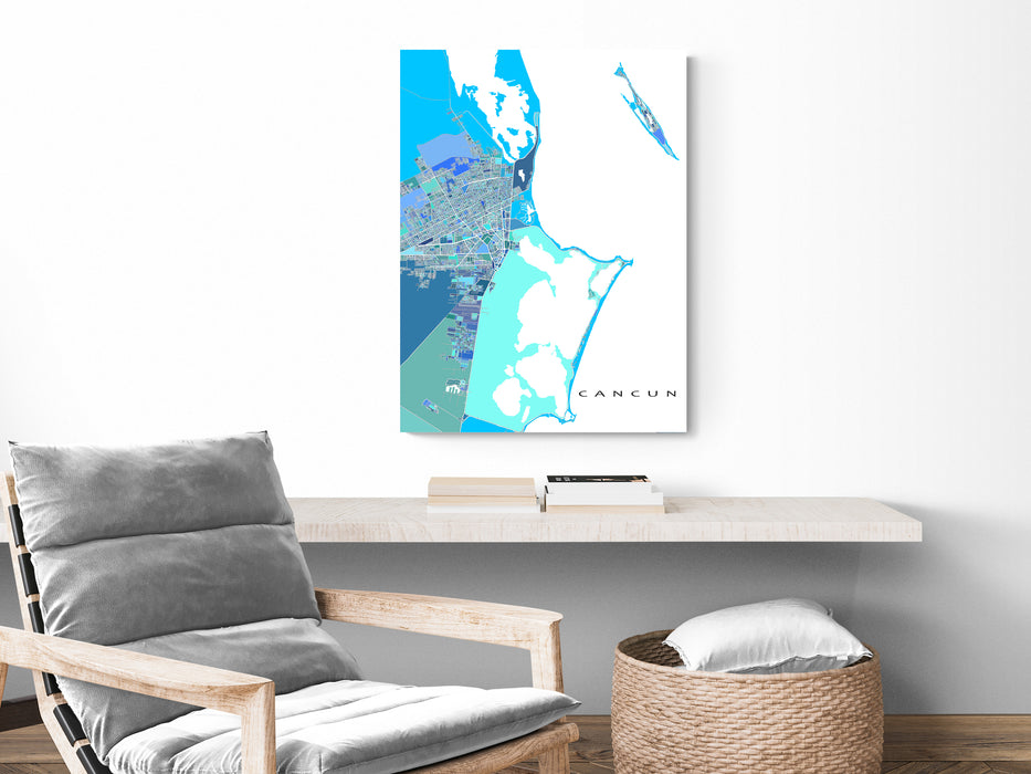 Cancun, Mexico map art print in blue, aqua and turquoise shapes designed by Maps As Art.