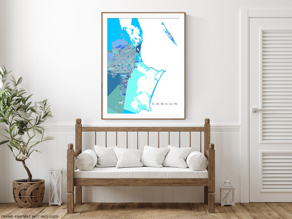 Cancun, Mexico map art print in blue, aqua and turquoise shapes designed by Maps As Art.