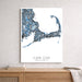 Map of Cape Cod, Massachusetts on a white background, framed above a wooden surface.