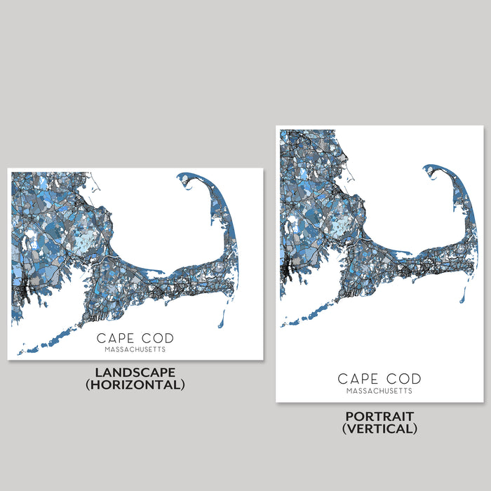 Two maps of Cape Cod, Massachusetts, one in landscape and one in portrait orientation, on a gray background.