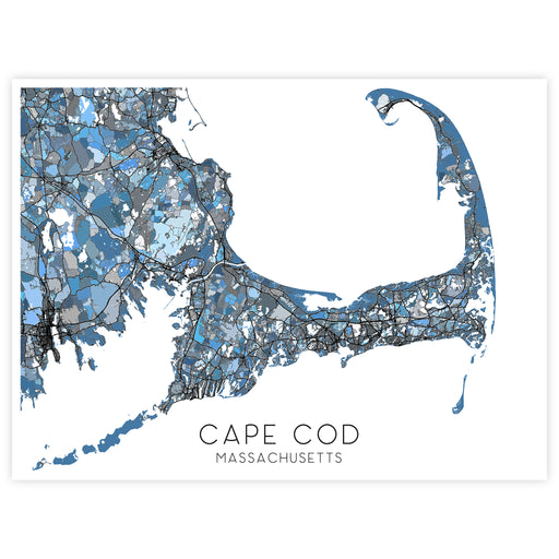 Map of Cape Cod, Massachusetts with blue and gray color scheme on a white background