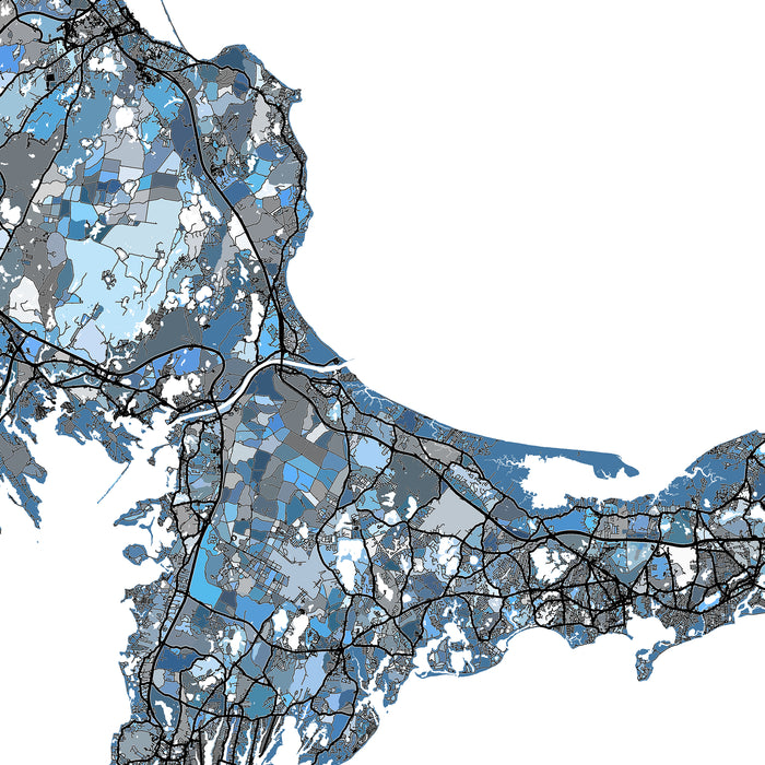 Map with color-coded regions and roads on a white background
