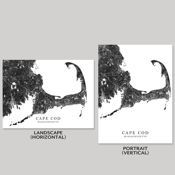 Two maps of Cape Cod, Massachusetts, one in landscape and one in portrait orientation, on a gray background.