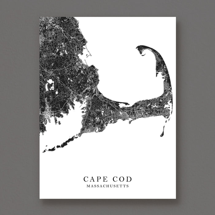 Map of Cape Cod, Massachusetts on a white background with black lines.