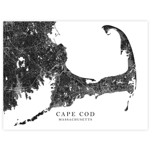 Map of Cape Cod, Massachusetts in black and white.