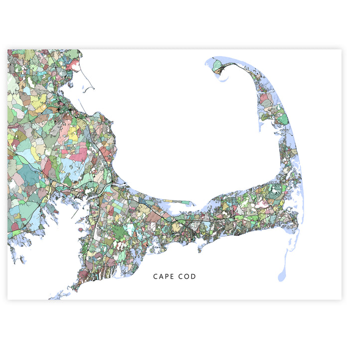 Colorful map of Cape Cod with various shades and borders.