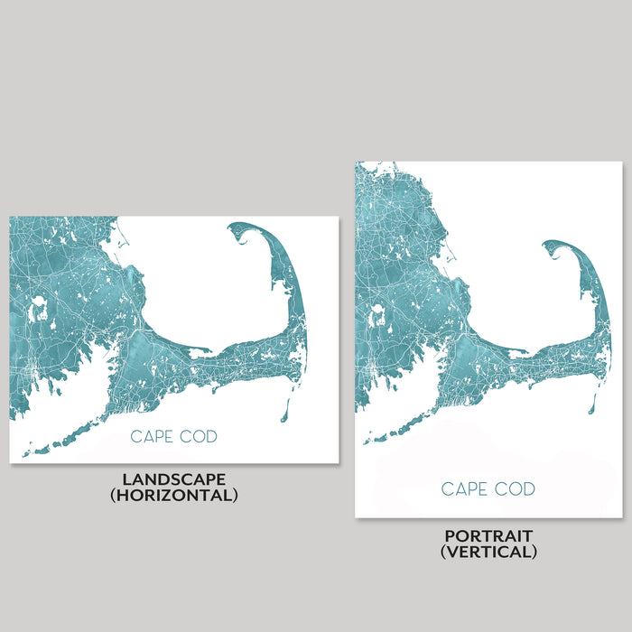 Two maps of Cape Cod, one in landscape and one in portrait orientation, on a gray background.