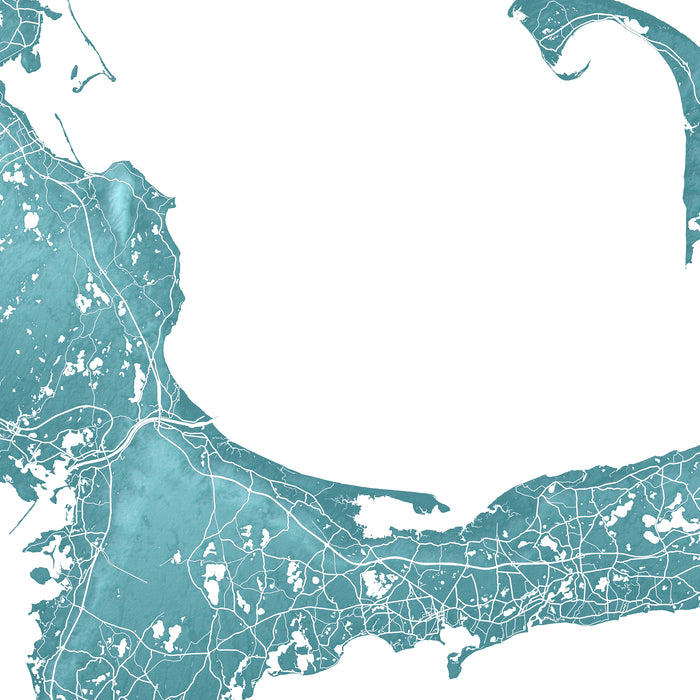 Map of a coastal region with intricate waterways and landforms in teal on a white background