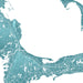 Map of a coastal region with intricate waterways and landforms in teal on a white background