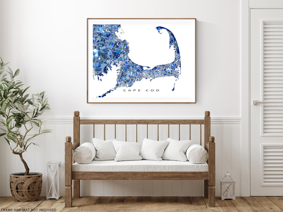 Cape Cod, Massachusetts map art print in blue shapes designed by Maps As Art.