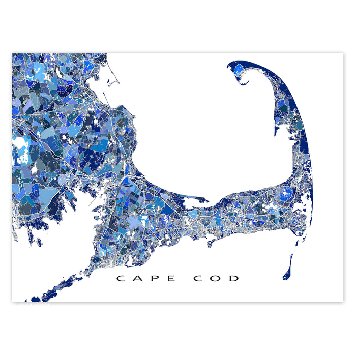 Map of Cape Cod with a mosaic of blue colors on a white background