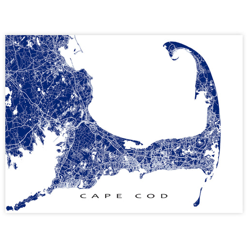 Map of Cape Cod in blue on a white background