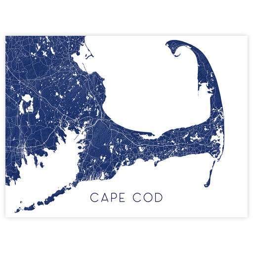 Map of Cape Cod in blue on a white background