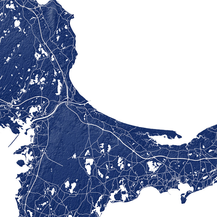 Map of a region with roads and boundaries in blue on a white background