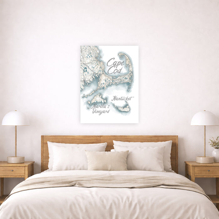 Bedroom with a map of Cape Cod on the wall above a bed.