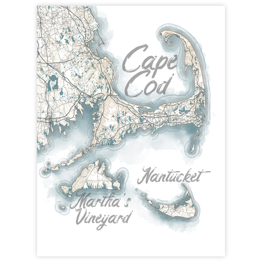 Map of Cape Cod with watercolor textures and labeled towns.