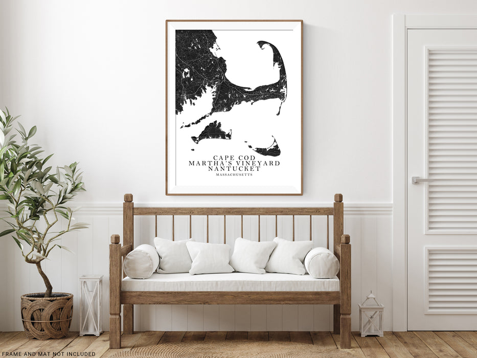 Cape Cod, Nantucket and Marthas Vineyard islands map print with a black and white topographic landscape design by Maps As Art.