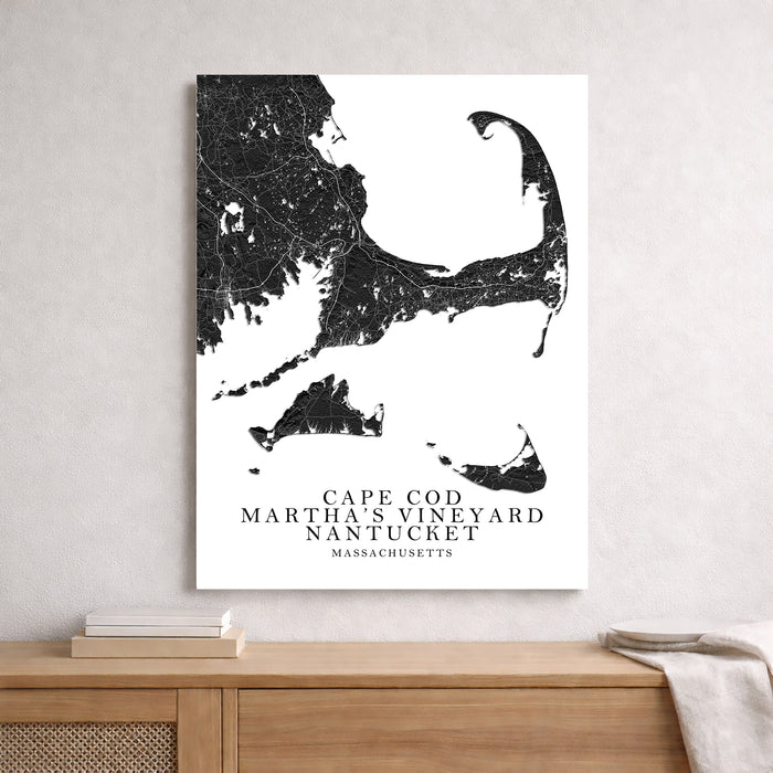 Map of Cape Cod, Martha's Vineyard, and Nantucket on a white background